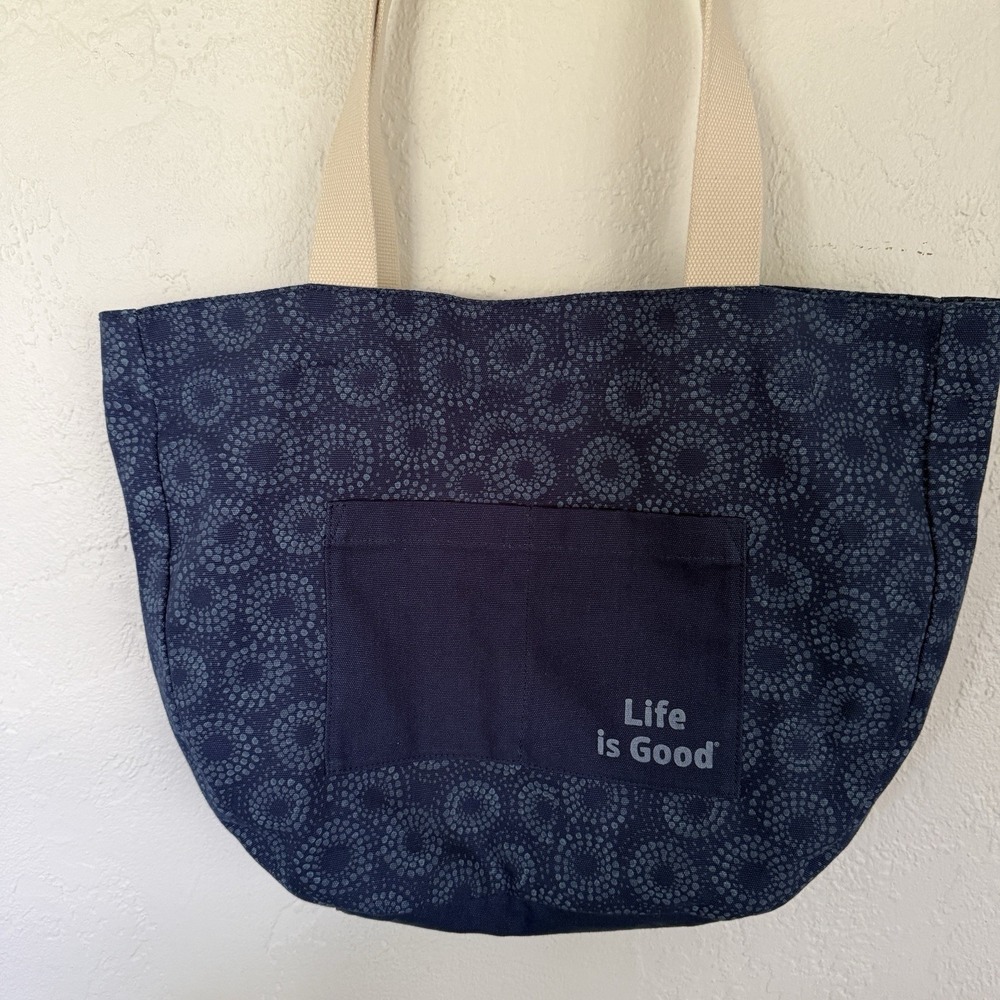 Life Is Good Navy Flower Print Cotton Canvas Pockets Shoulder Tote Bag NWOT